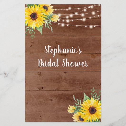 Rustikale Sonnenblumen Brautparty Bingo Spiel (Rückseite)