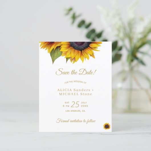 Rustikale Sonnenblumen BUDGET Save the Date Hochze (Stehend Vorderseite)