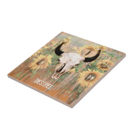 Rustikale Sonnenblumen Bullenkuhschädel Western Fliese