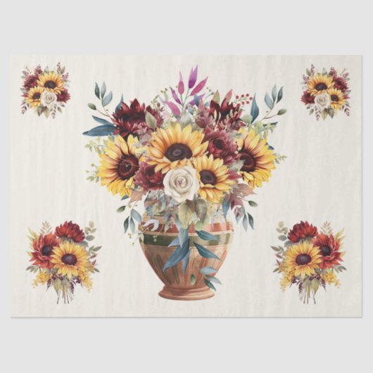 Rustikale Sonnenblumen & Burgund Florals Dekoupage Seidenpapier (Vorderseite)