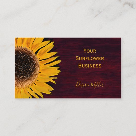 Rustikale Sonnenblumen Burgund Land Wood Visitenkarte (Vorderseite)