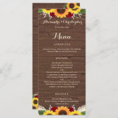 Rustikale Sonnenblumen Burgund Rote Rosen Hochzeit Menükarte (Vorne/Hinten)