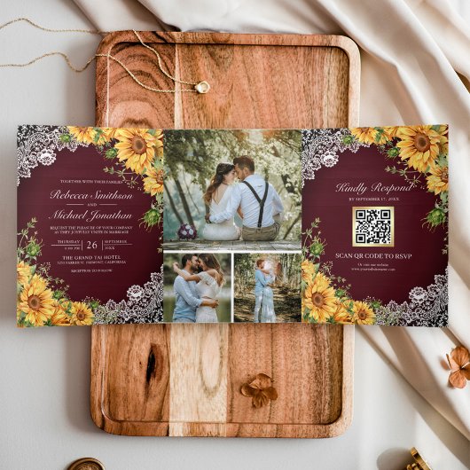 Rustikale Sonnenblumen Burgundy Wood QR Code Hochz Dreifach Gefaltete Einladung