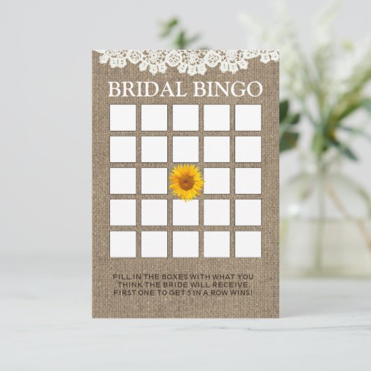 Rustikale Sonnenblumen Burlap Brautparty Bingo Car (Stehend Vorderseite)