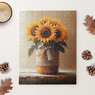 Rustikale Sonnenblumen Burlap Mason Jar Puzzle