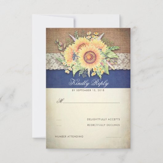 Rustikale Sonnenblumen Burlap Navy Hochzeit RSVP (Vorderseite)