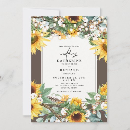 Rustikale Sonnenblumen Burst String Lights Einladung (Vorderseite)