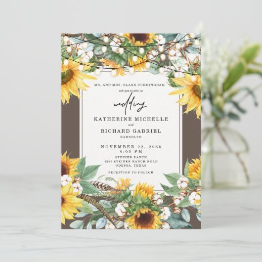 Rustikale Sonnenblumen Burst String Lights Eltern Einladung (Stehend Vorderseite)