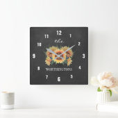 Rustikale Sonnenblumen Country Chalkboard Name Quadratische Wanduhr (Zuhause)