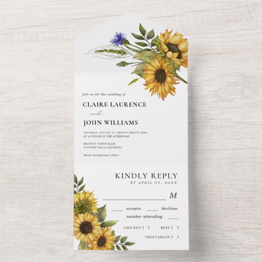 Rustikale Sonnenblumen Country Style Sommer Hochze All In One Einladung (Innen Boden)