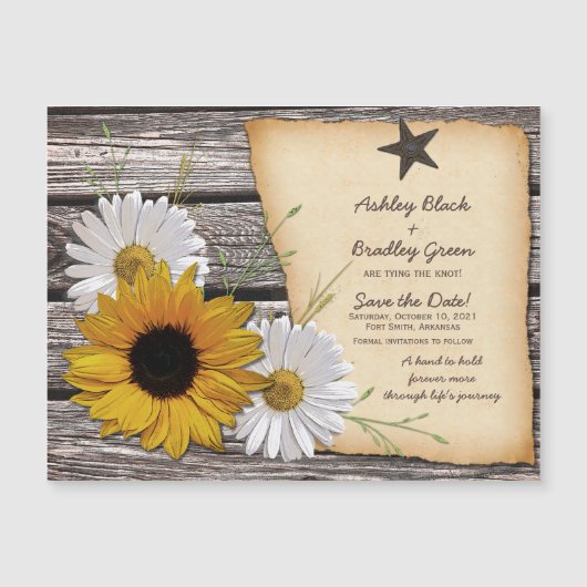 Rustikale Sonnenblumen Daisy Wedding speichern das Magnetkarte (Vorderseite)