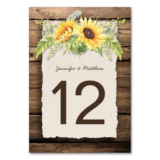 Rustikale Sonnenblumen, Deckenholz Tischnummer (Rückseite)