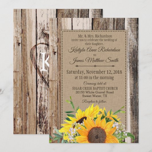 Rustikale Sonnenblumen Einladung Hochzeit (Vorne/Hinten)