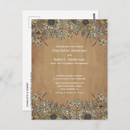 Rustikale Sonnenblumen Einladung mit UAWG Postkarte (Vorne/Hinten)