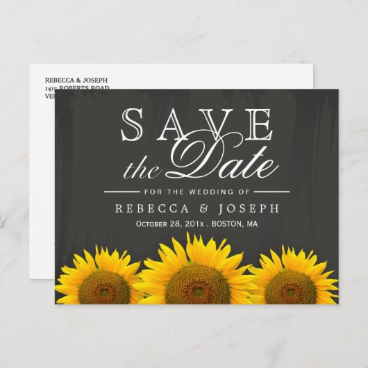 Rustikale Sonnenblumen Elegantes Chalkboard Save t Ankündigungspostkarte (Vorne/Hinten)