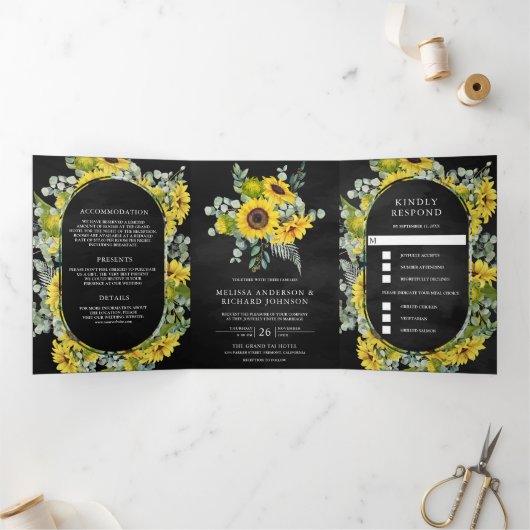 Rustikale Sonnenblumen Eukalyptus 3 in 1 Schwarze  Dreifach Gefaltete Einladung (Innenseite)