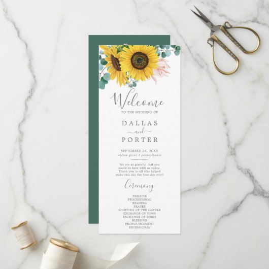 Rustikale Sonnenblumen-Eukalyptus-Hochzeitsprogram Programm (Vorderseite/Rückseite Beispiel)