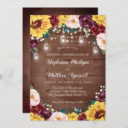 Rustikale Sonnenblumen Fall Blumenleuchten Hochzei Einladung (Vorne/Hinten)