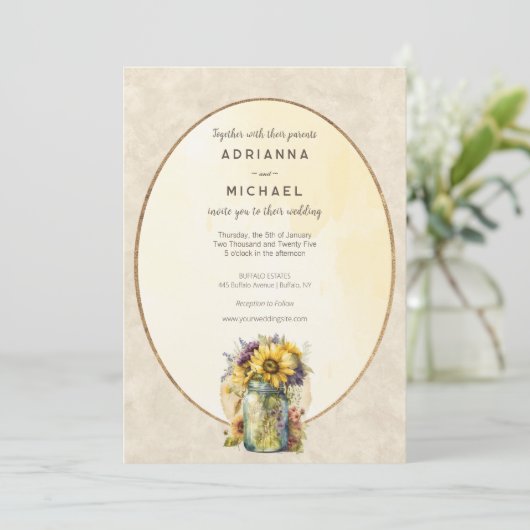 Rustikale Sonnenblumen Fall Mason Jar Hochzeit Ein Einladung (Stehend Vorderseite)