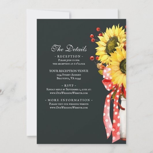 Rustikale Sonnenblumen fallen alle auf einer Hochz Einladung (Rückseite)