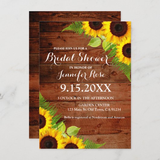 Rustikale Sonnenblumen Fern Wood Brautparty lädt e Einladung (Vorne/Hinten)