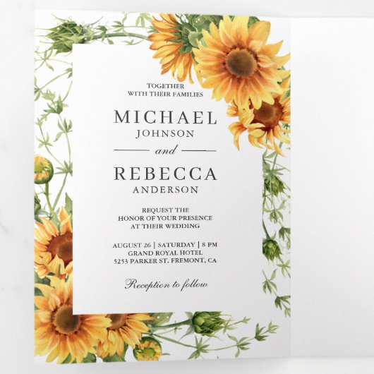 Rustikale Sonnenblumen Foto Arch QR Code Hochzeit Dreifach Gefaltete Einladung (Innen Erste Seite)