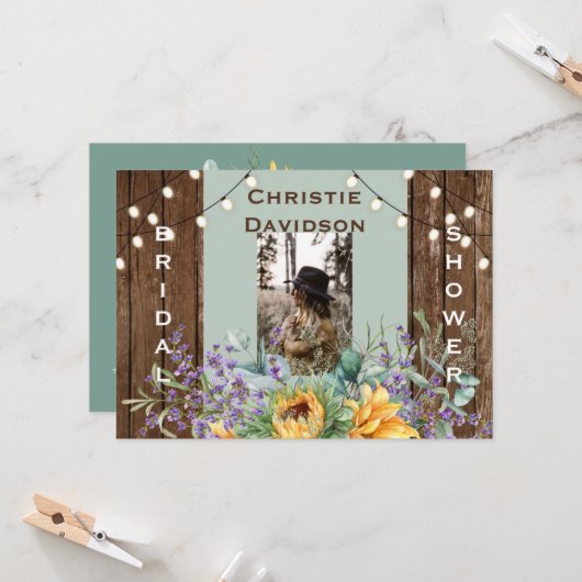Rustikale Sonnenblumen Foto Brautparty Einladung (Vorderseite/Rückseite Beispiel)