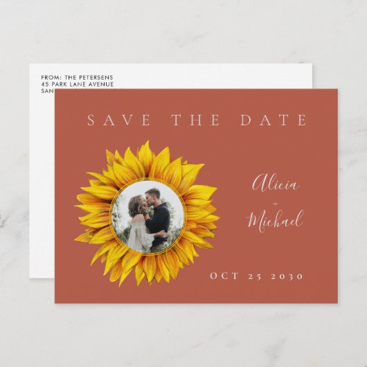 Rustikale Sonnenblumen Foto Hochzeit speichern das Ankündigungspostkarte (Vorne/Hinten)