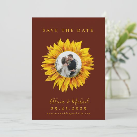 Rustikale Sonnenblumen Foto Hochzeit speichern das Save The Date (Stehend Vorderseite)