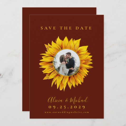 Rustikale Sonnenblumen Foto Hochzeit speichern das Save The Date (Vorne/Hinten)
