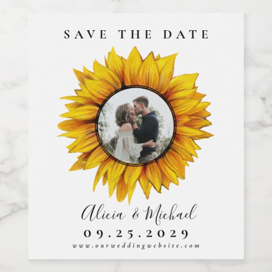 Rustikale Sonnenblumen Foto Hochzeit speichern das Weinetikett (Einzelnes Label)