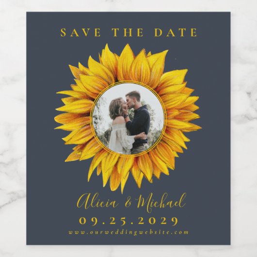 Rustikale Sonnenblumen Foto Hochzeit speichern das Weinetikett (Einzelnes Label)