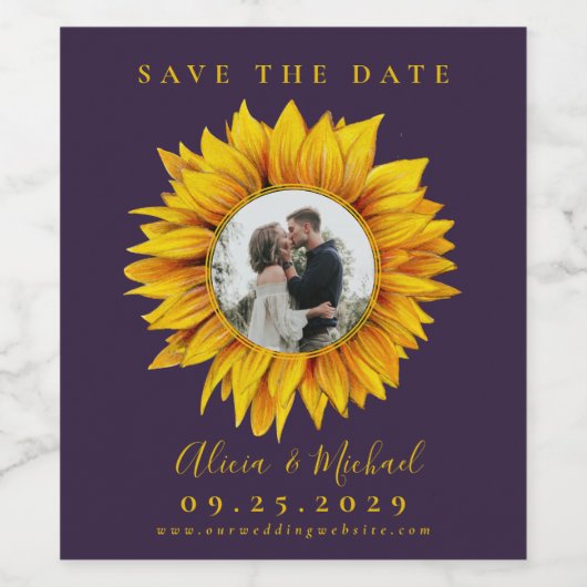 Rustikale Sonnenblumen Foto Hochzeit speichern das Weinetikett (Einzelnes Label)