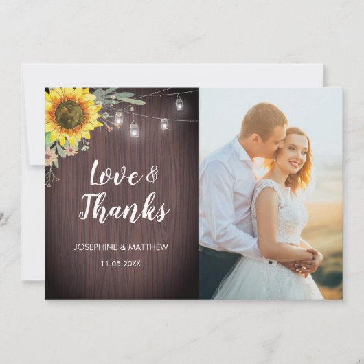 Rustikale Sonnenblumen Foto Hochzeit von Holzleuch Dankeskarte (Vorderseite)