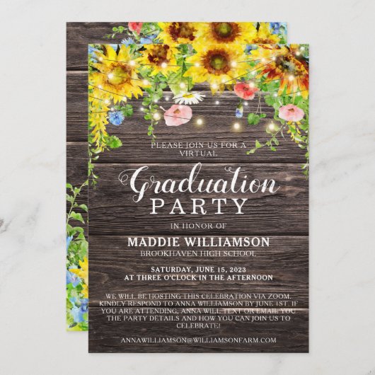 Rustikale Sonnenblumen FOTO VIRTUAL Abschluss Einladung (Vorne/Hinten)