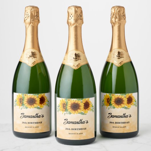 Rustikale Sonnenblumen-Geburtstagsfeier Schaumweinetikett (Flaschen)