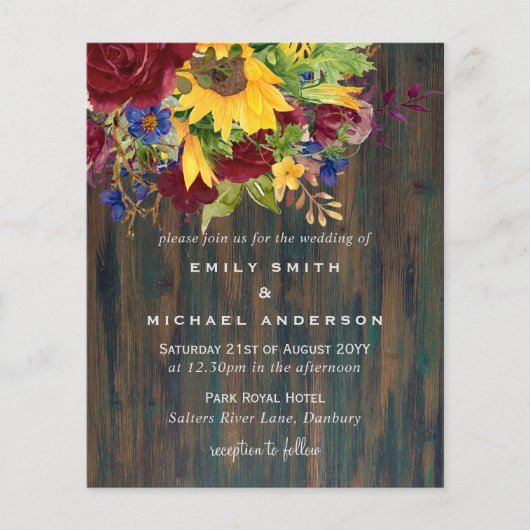 Rustikale Sonnenblumen Gelbe Burgunder Blumenzehen (Vorderseite)