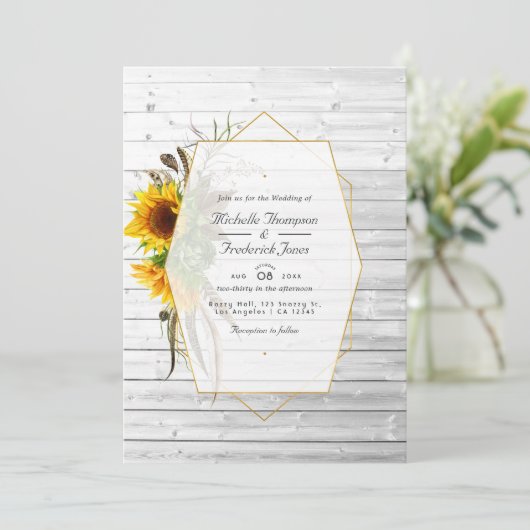 Rustikale Sonnenblumen geometrische Stallhochzeit Einladung (Stehend Vorderseite)