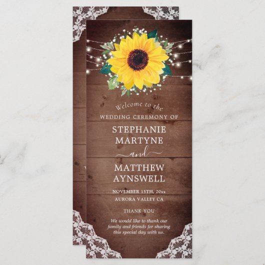 Rustikale Sonnenblumen Gipskraut Lights Wedding Programm (Vorne/Hinten)