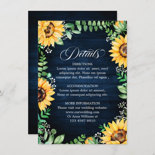 Rustikale Sonnenblumen Gipskraut Navy Blue Details Begleitkarte (Vorne/Hinten)