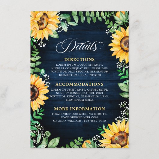Rustikale Sonnenblumen Gipskraut Navy Blue Details Begleitkarte (Vorderseite)