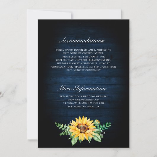 Rustikale Sonnenblumen Gipskraut Navy Blue Wedding Einladung (Rückseite)