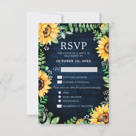 Rustikale Sonnenblumen Gipskraut Navy Blue Wedding RSVP Karte (Vorderseite)