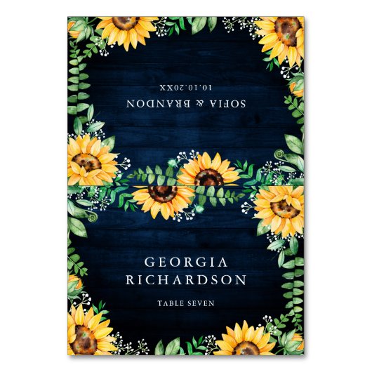 Rustikale Sonnenblumen Gipskraut Navy Blue Wedding Tischnummer (Vorderseite)