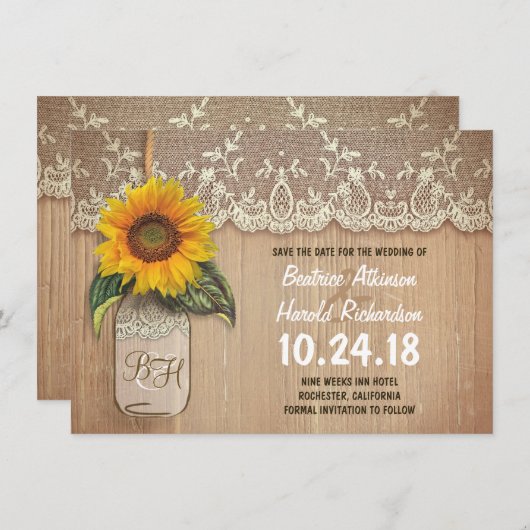 Rustikale Sonnenblumen-Glas speichern Sie das Datu Save The Date (Vorne/Hinten)