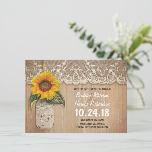 Rustikale Sonnenblumen-Glas speichern Sie das Datu Save The Date (Stehend Vorderseite)