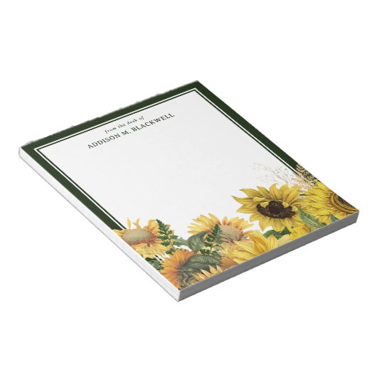 Rustikale Sonnenblumen Grüne Grenze vom Schreibtis Notizblock (angewinkelt)