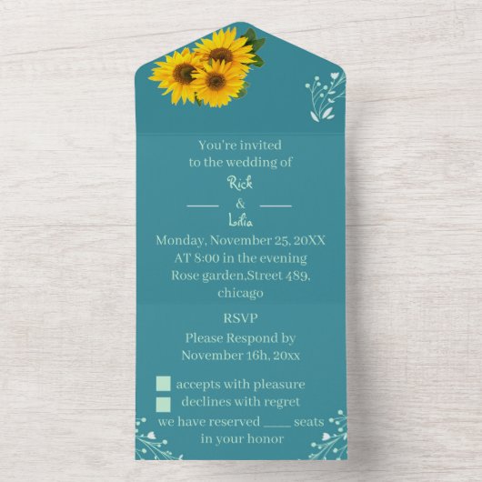 Rustikale Sonnenblumen-Hochzeit All In One Einladung (Innen Boden)