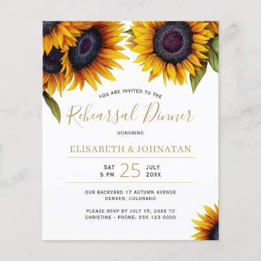 Rustikale Sonnenblumen Hochzeit BUDGET Probe Dinne (Vorderseite)