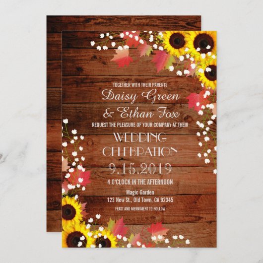 Rustikale Sonnenblumen Hochzeit im Herbst Einladun Einladung (Vorne/Hinten)